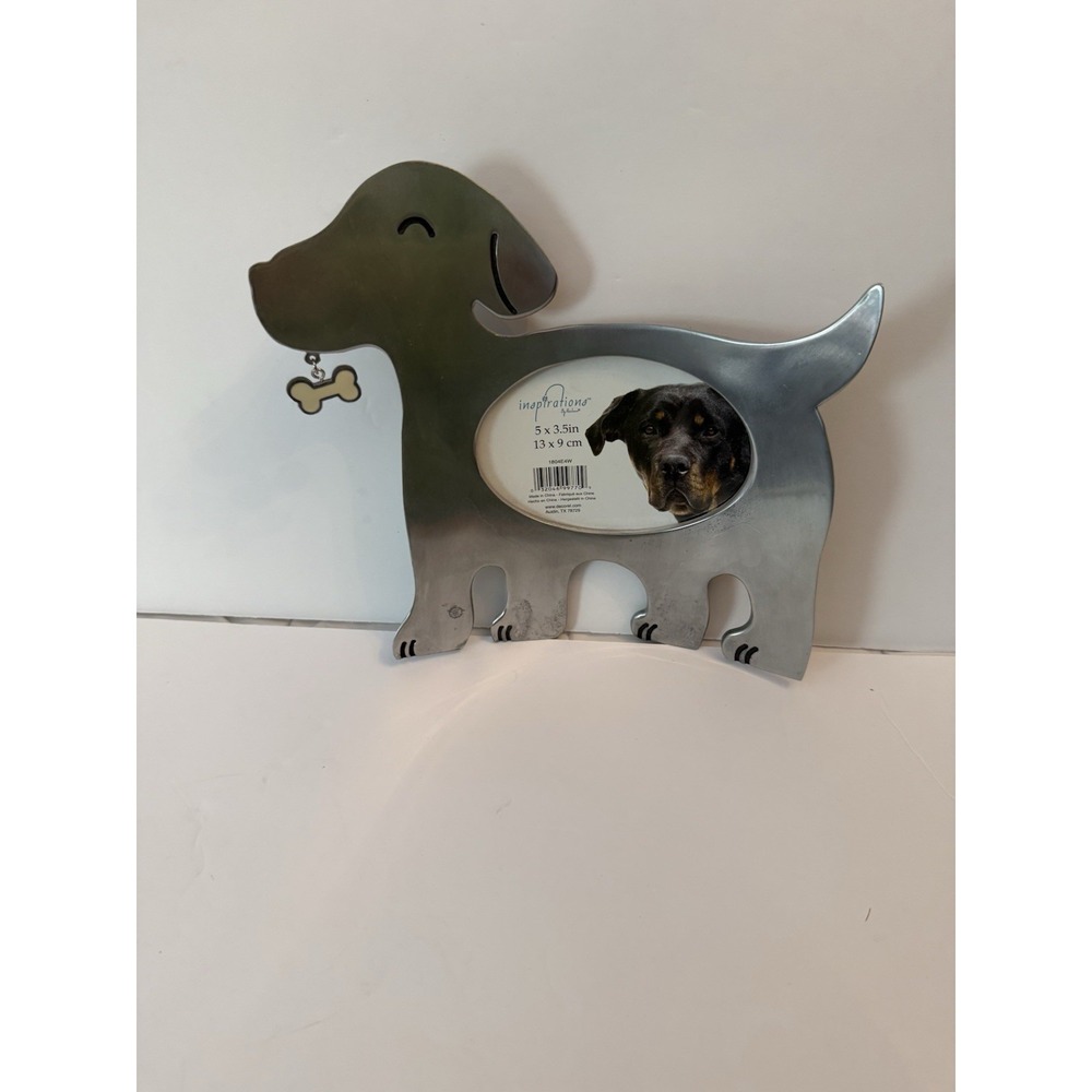PEWTER DOG w BONE THEME PICTURE PHOTO FRAME WOOF BONE 3-1/2 X 5 Free Standing